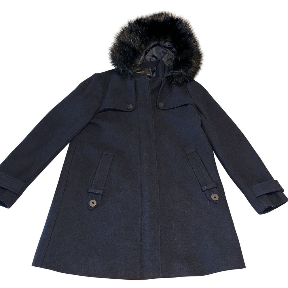 Zara Basic Dark Navy Black Full Zip Long Sleeve Faux Fur Hood Coat Women's Mediu